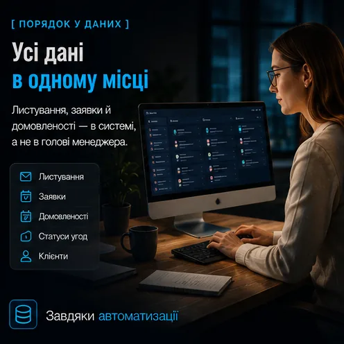 Усі дані в одному місці: листування, заявки, домовленості й статуси угод зберігаються в системі, а не в голові менеджера.