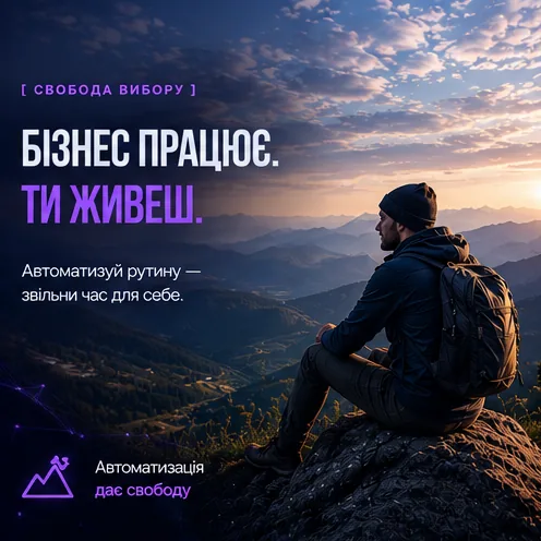 Чоловік з рюкзаком сидить на скелі і дивиться на гори — бізнес працює сам, ти живеш.