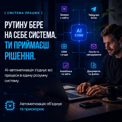Чоловік за ноутбуком, навколо — схема AI-системи, що об'єднує заявки, CRM, листи та аналітику: рутину бере на себе система, рішення приймаєш ти.